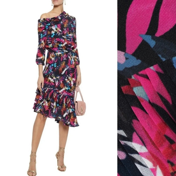 Saloni Lexie Floral Silk Navy Blue Posey Midi Dress Size 0 - Picture 1 of 10